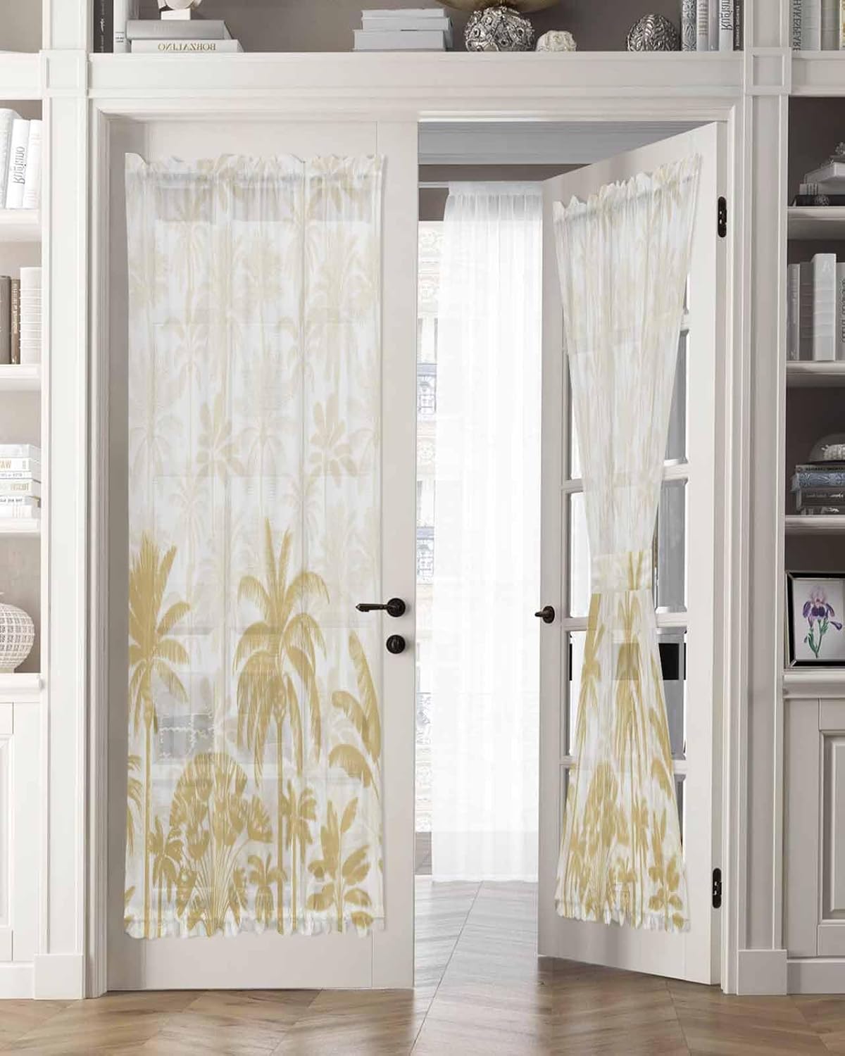 Beige Palm Tree French Door Curtain with Rod Pocket