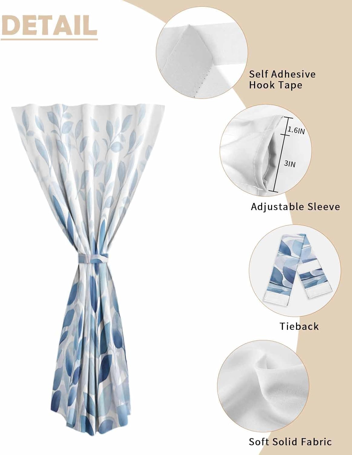 Blue Eucalyptus Leaves Self Adhesive Portable Curtains for Windows