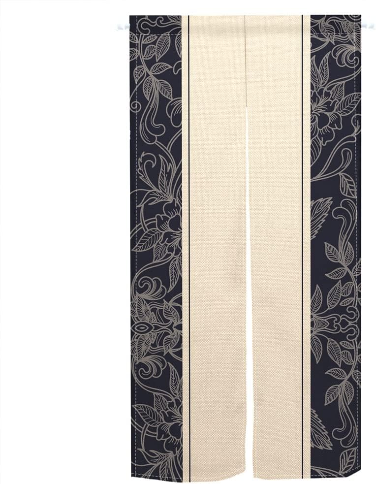 ChloropLastid Black Flowers Japanese Noren Curtain Panel 335x59 Inch