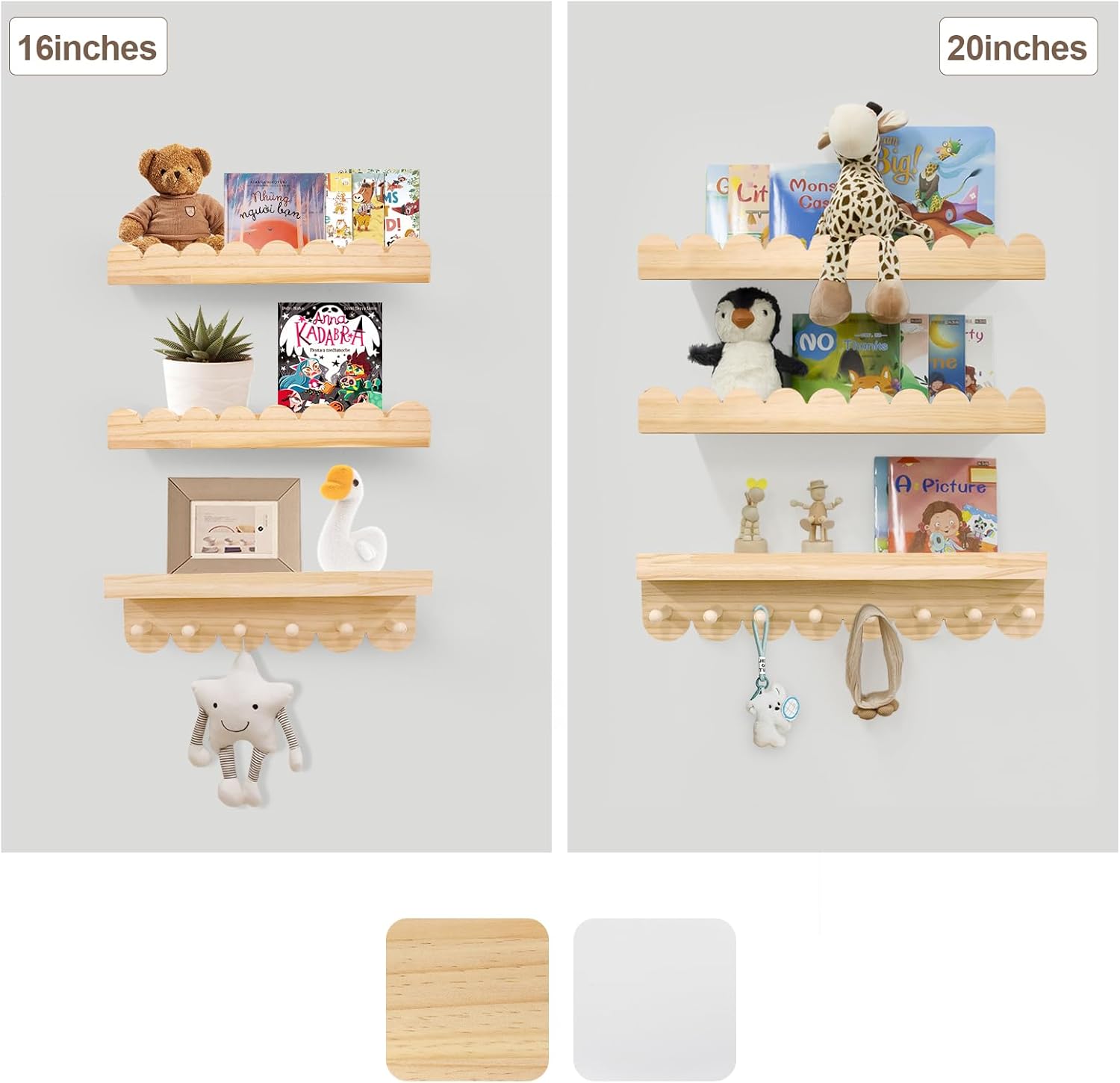 Floating Nursery Book Shelves with Hooks - Set of 3 20 Inches