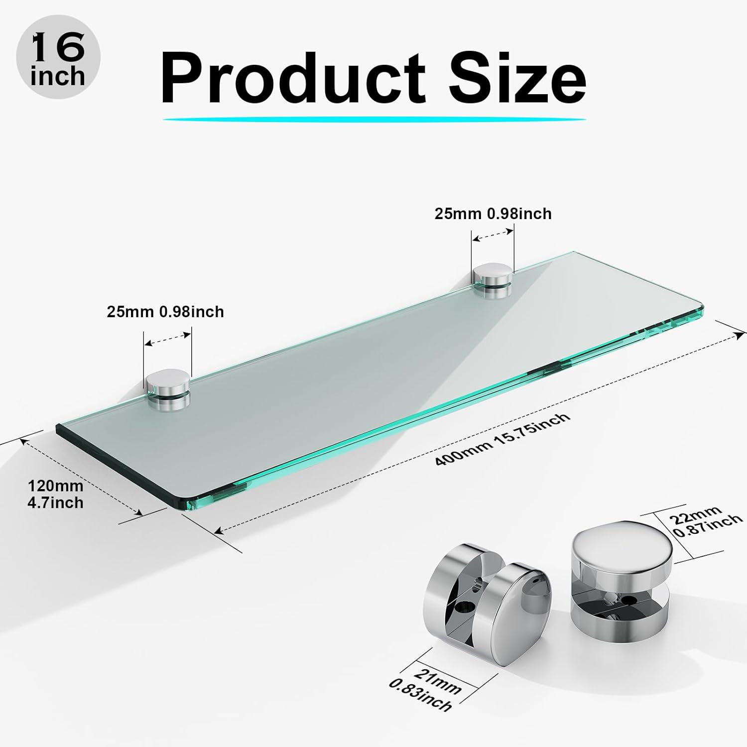 16 Inches Floating Glass Shelves 2 Pack Modern Wall Mount