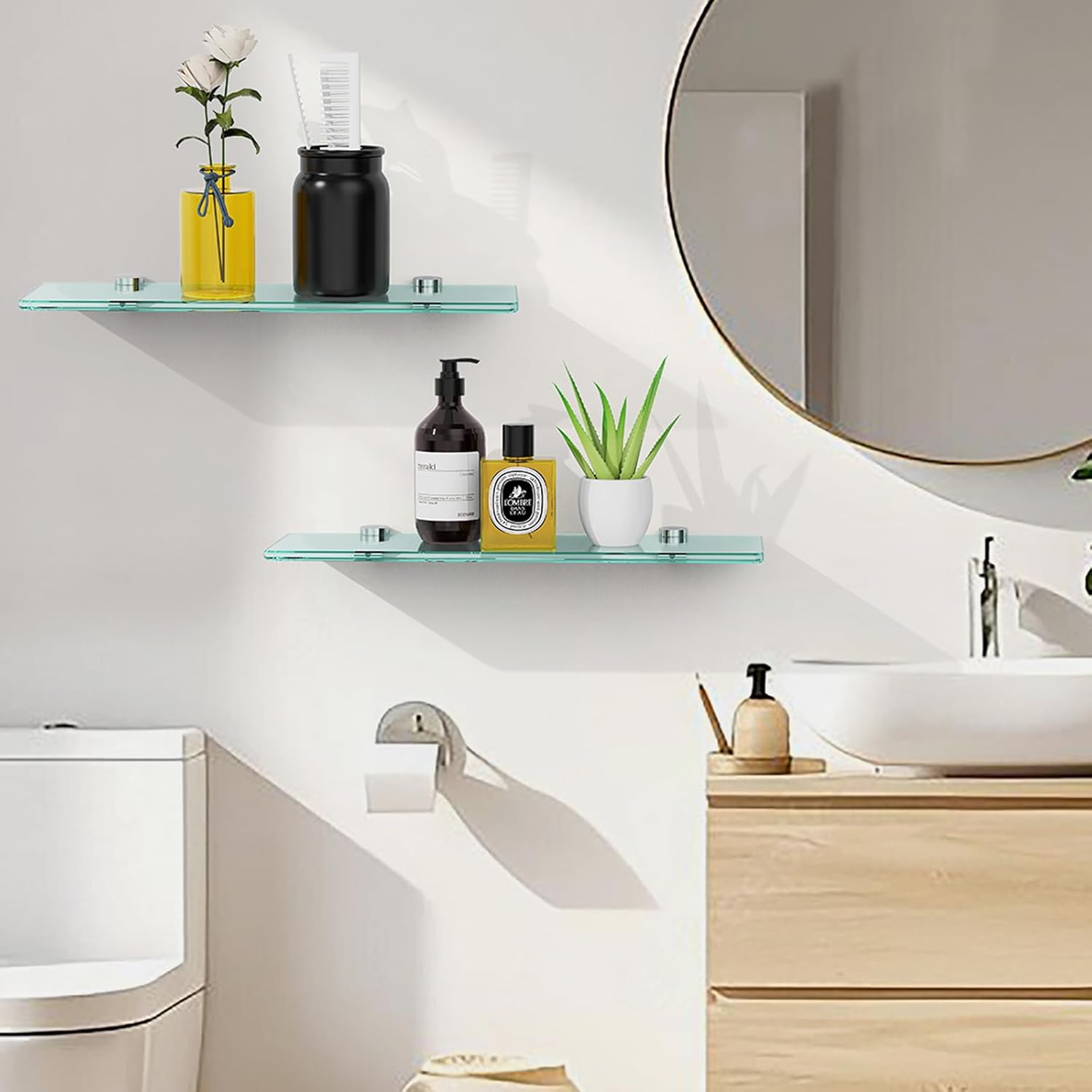 16 Inches Floating Glass Shelves 2 Pack Modern Wall Mount