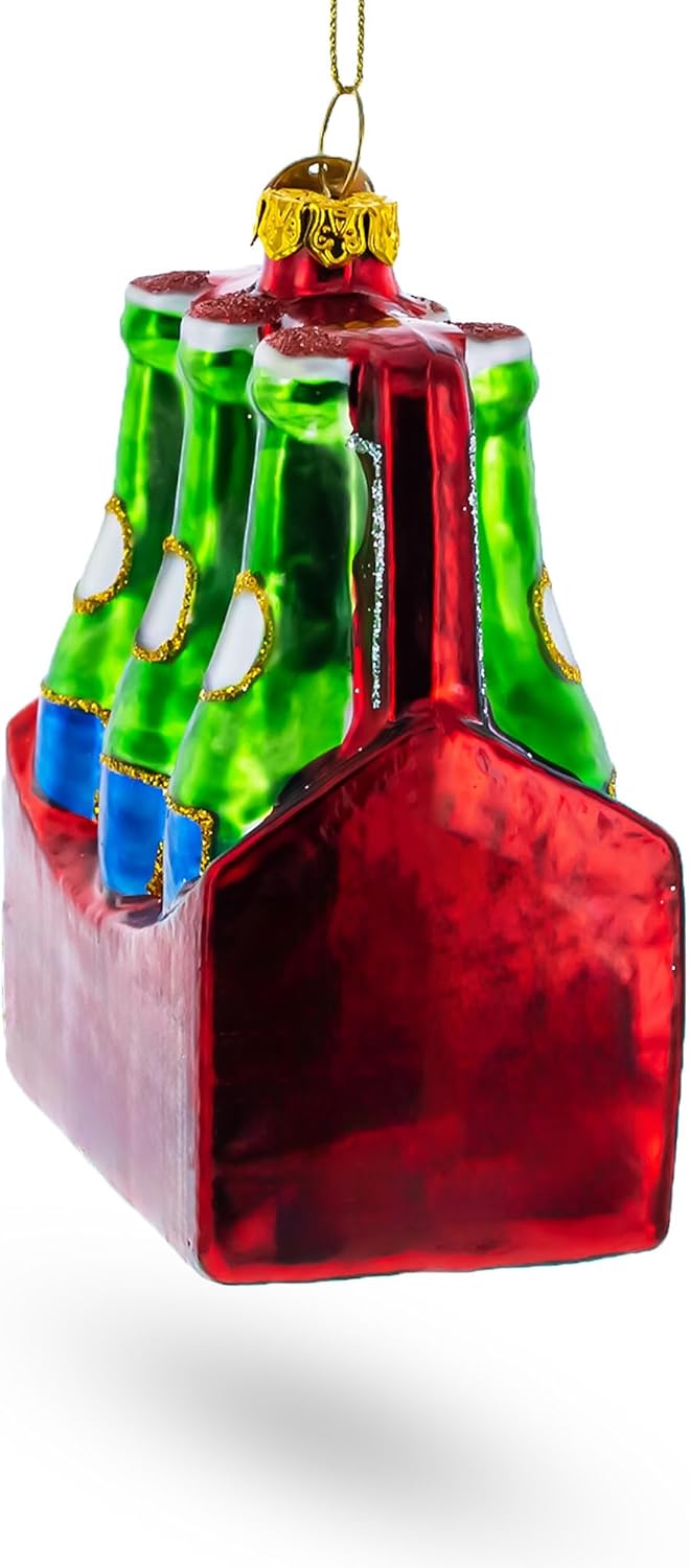 Festive Six-Bottle Beer Pack Blown Glass Christmas Ornament 1