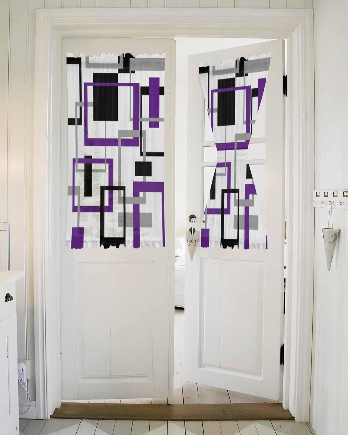 Purple Black Geometric French Door Curtain with Tieback