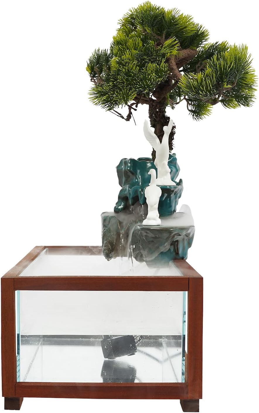 Antique Style Tabletop Water Fountain with Fish Tank and Crane Statues