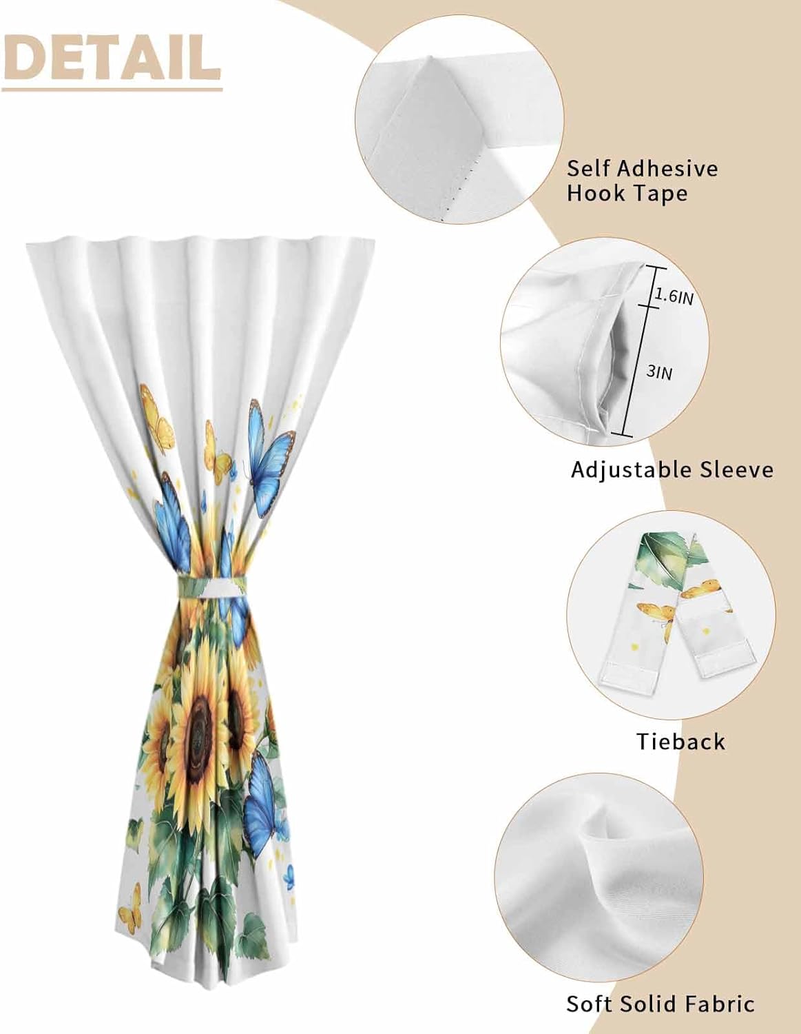 Sunflower Butterfly Self Adhesive Blackout Curtains 47x84 Inches