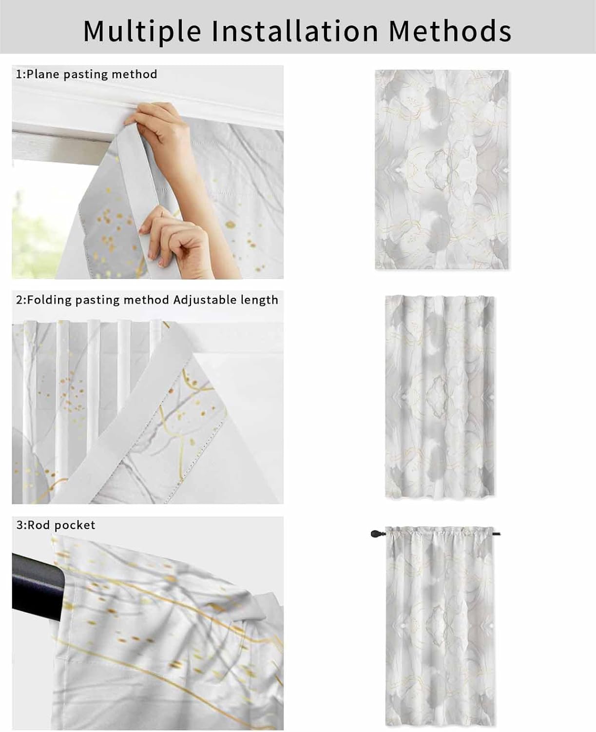 Grey Ombre Marble Self Adhesive Portable Curtains for Windows