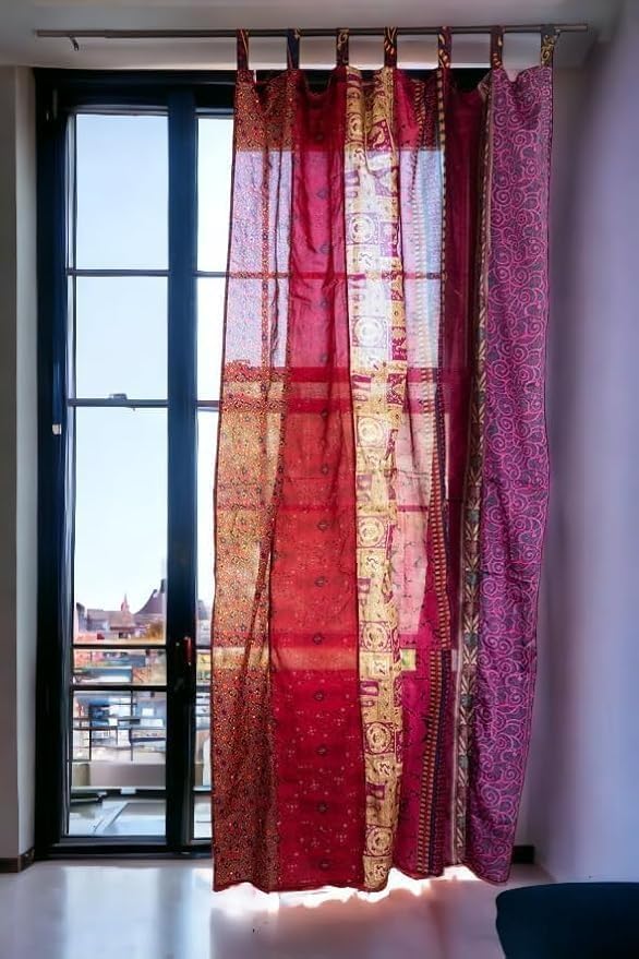YILLE 1 Pair Silk Sari Curtains with Patchwork Design