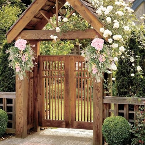 197 Inch Pink Artificial Rose Teardrop Swag Wreath with Butterflies