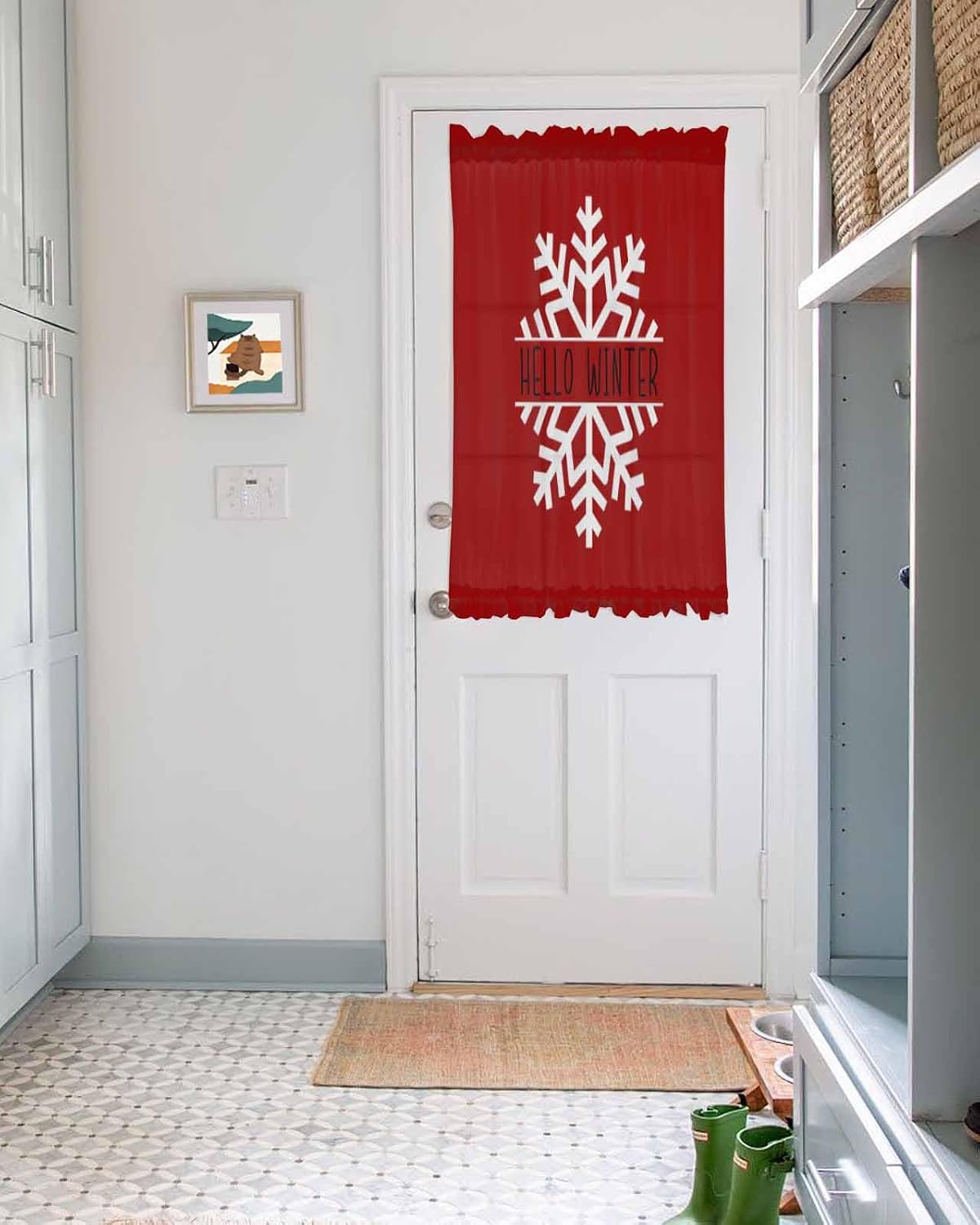 Hello Winter French Door Curtain 54x40 with Snowflake Red Christmas Design