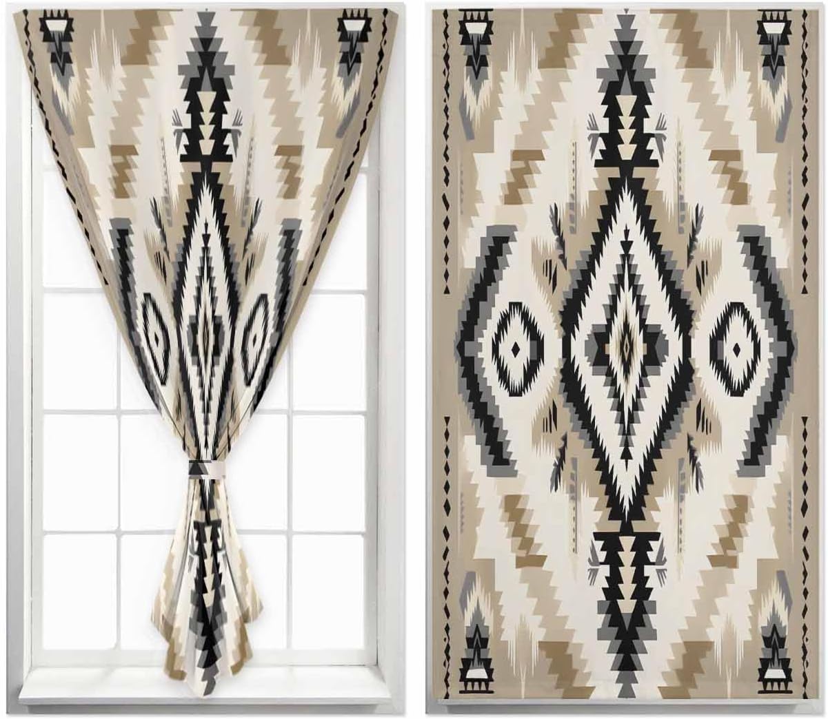 Boho Black Brown Self Adhesive Portable Curtains for Windows