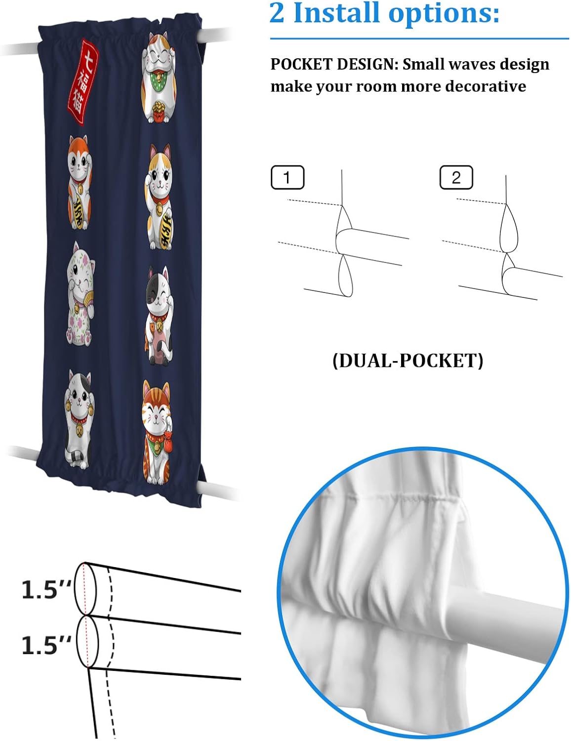 Japanese Noren Blackout Door Curtains with Lucky-Cats Blue 54x72