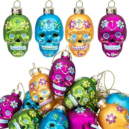 Watayo 12PCS Day of the Dead Glass Ornaments