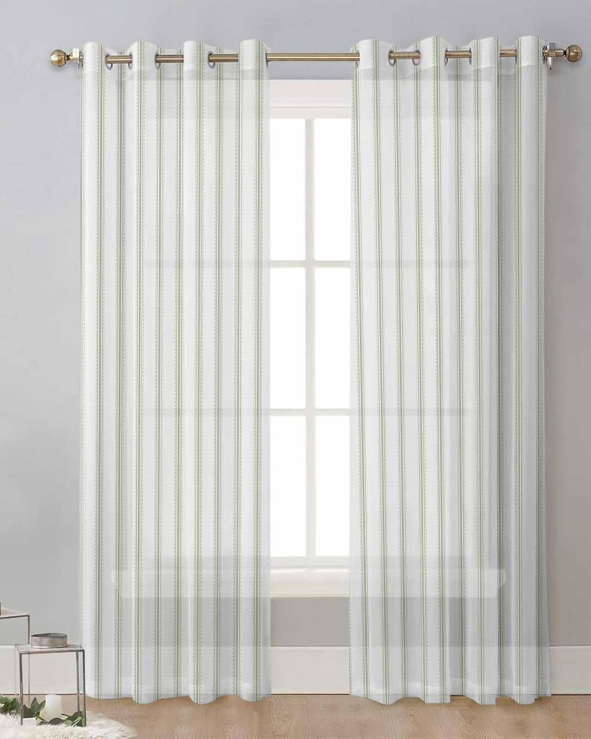 Sage Green Stripes Sheer Curtains 2 Panels Set 72 Inches Long