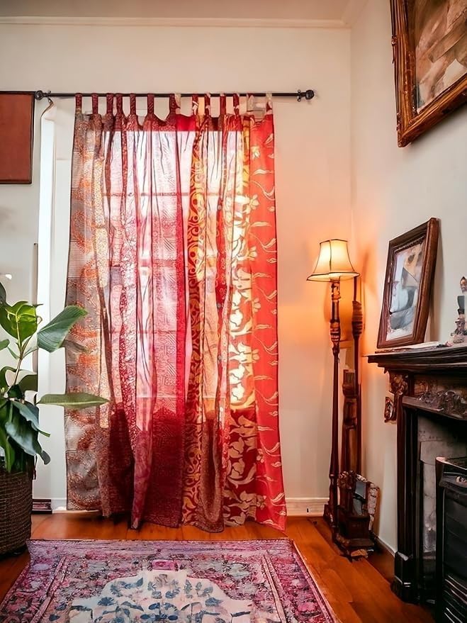 YILLE 1 Pair Silk Sari Curtains with Patchwork Design