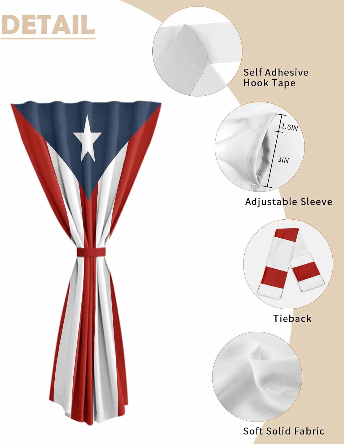 Yomandocix National Flag Puerto Rico Self Adhesive Curtains for Windows