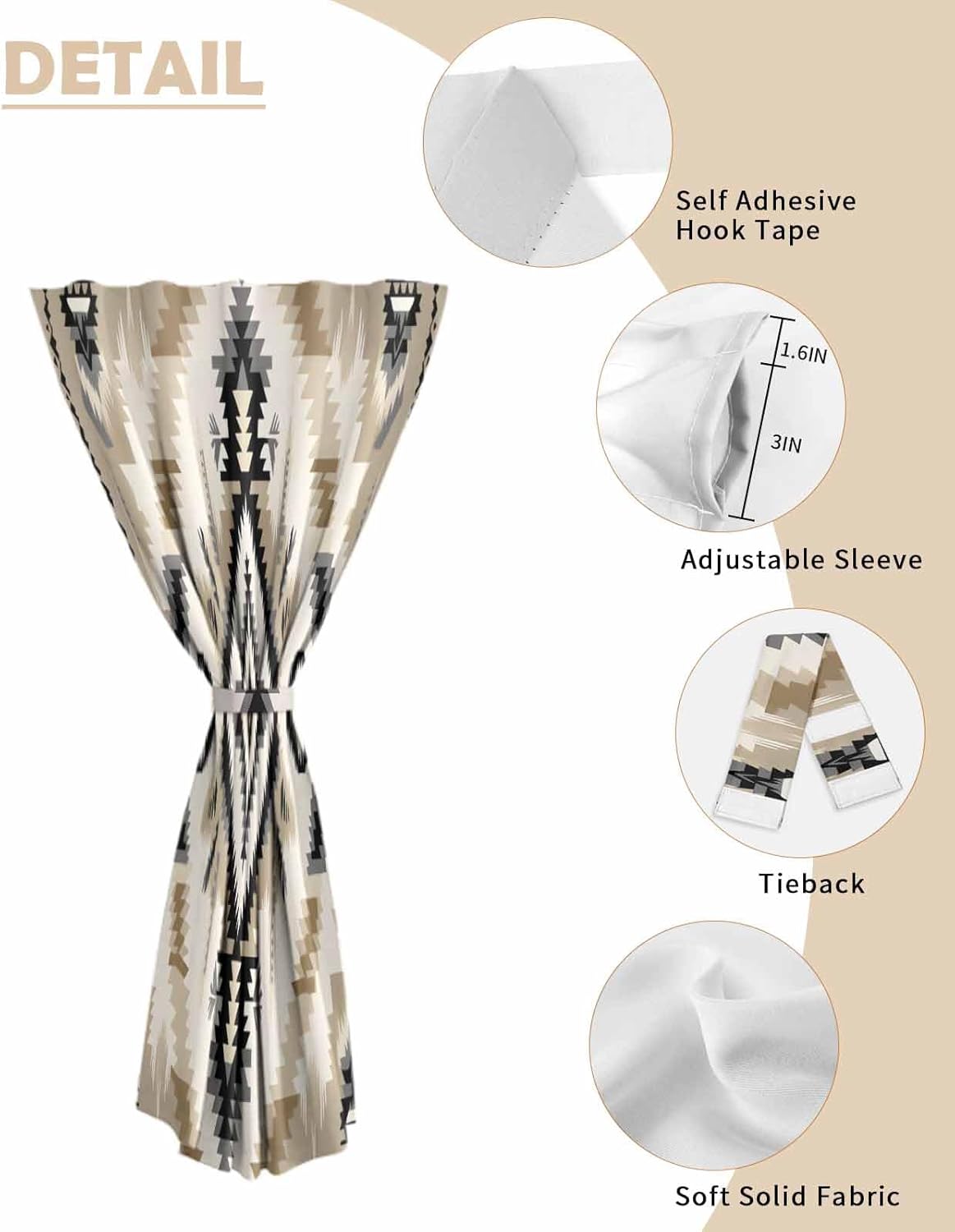 Boho Black Brown Self Adhesive Portable Curtains for Windows