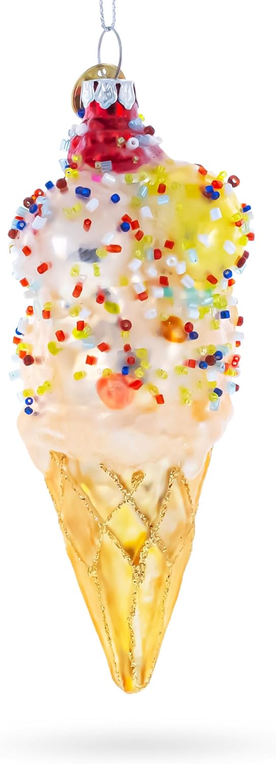 Sprinkled Ice Cream Cone Christmas Glass Ornament