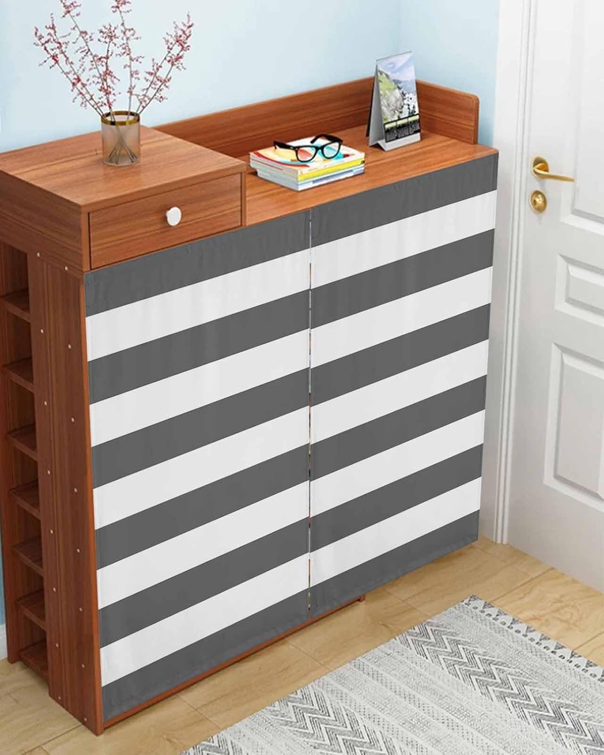 Grey Stripes Self Adhesive Portable Curtains for Windows