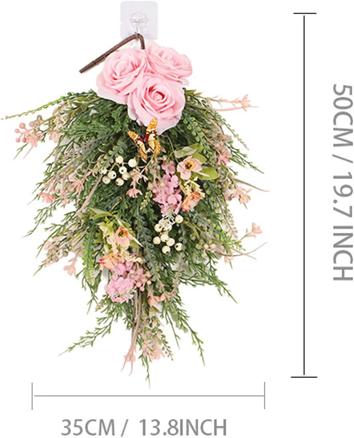 197 Inch Pink Artificial Rose Teardrop Swag Wreath with Butterflies