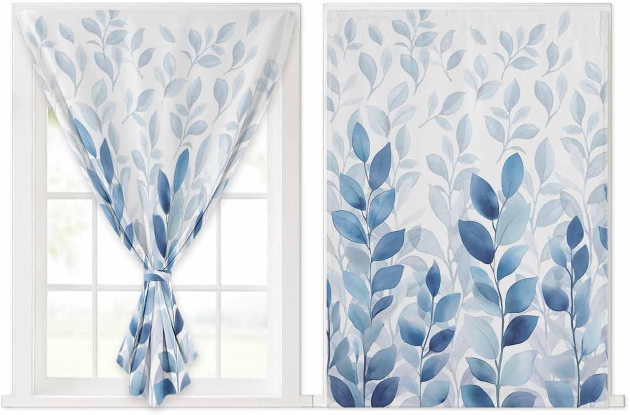 Blue Eucalyptus Leaves Self Adhesive Portable Curtains for Windows