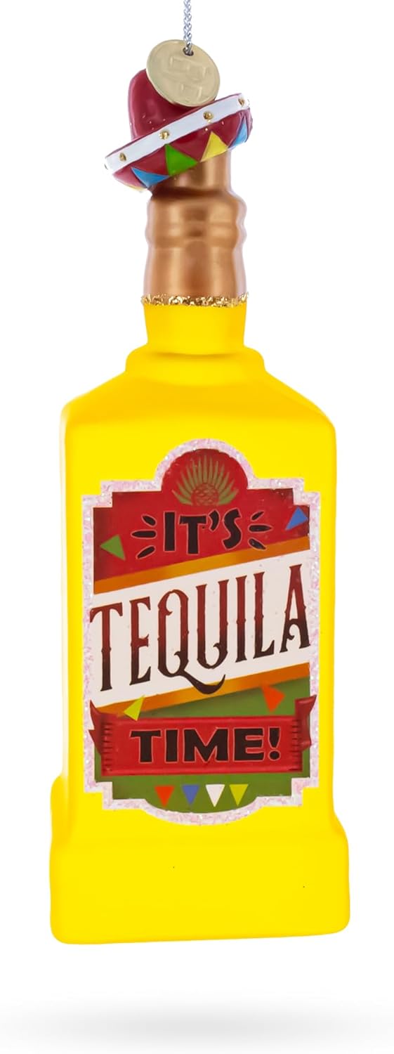 Tequila Bottle with Sombrero Blown Glass Christmas Ornament 1