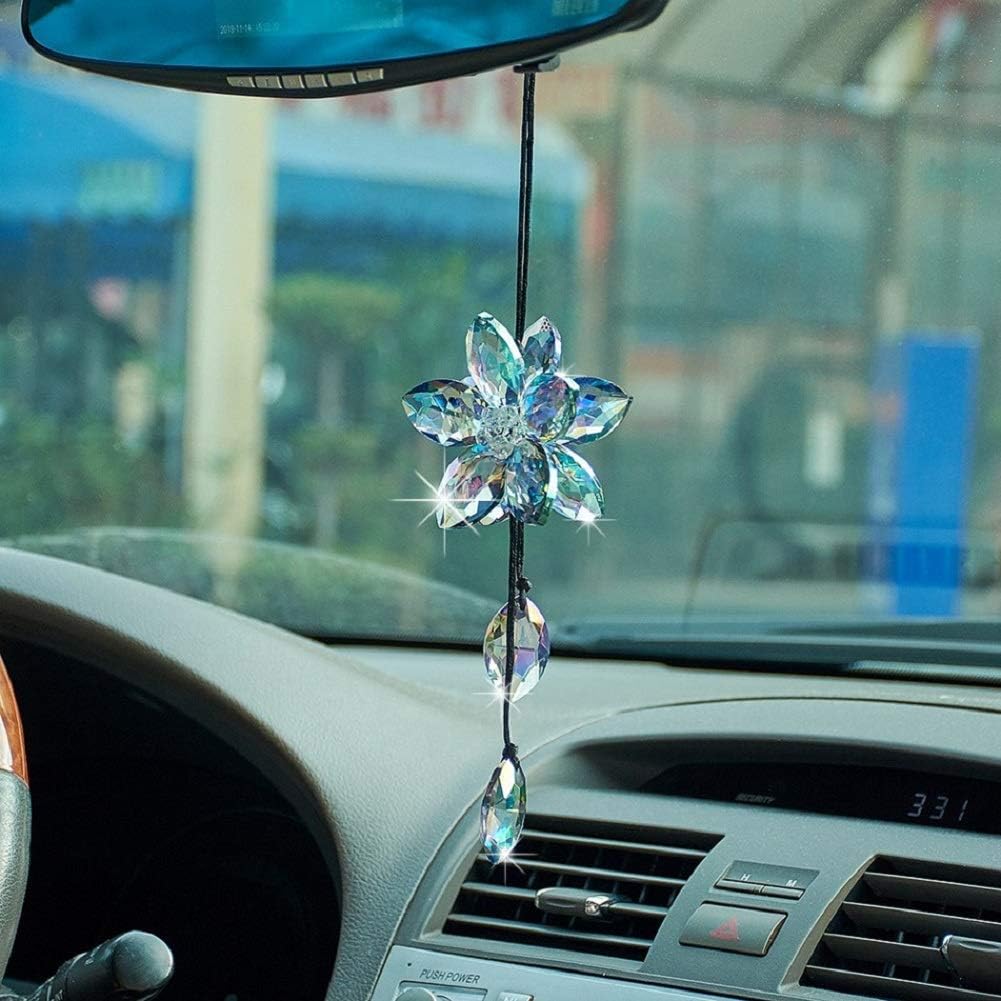 Crystal Flower Rear View Mirror Pendant Car Hanging Ornament Lucky Accessory