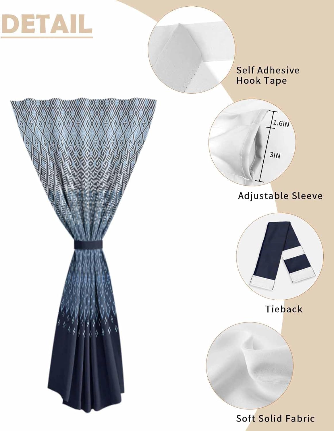 Yomandocix Blue Grey Ombre Geometric Self Adhesive Curtains 47x63 Inches