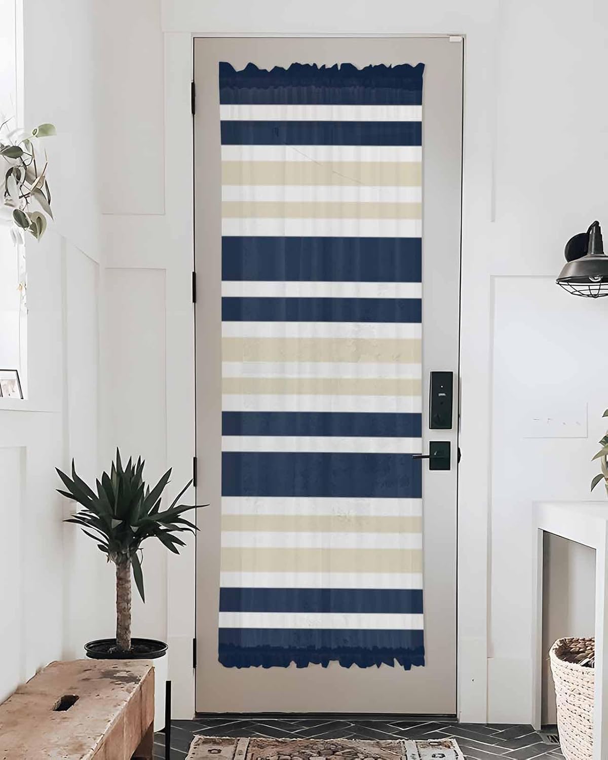 Navy Blue Khaki Striped French Door Curtain Panel