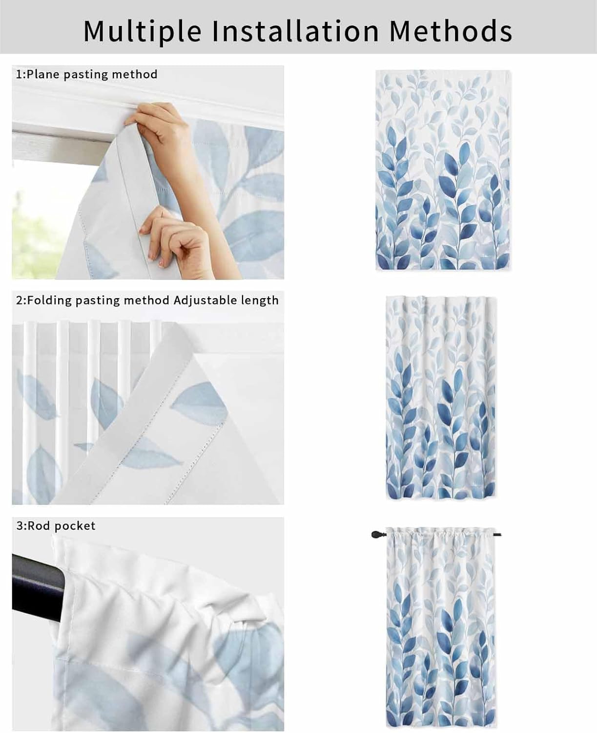 Blue Eucalyptus Leaves Self Adhesive Portable Curtains for Windows