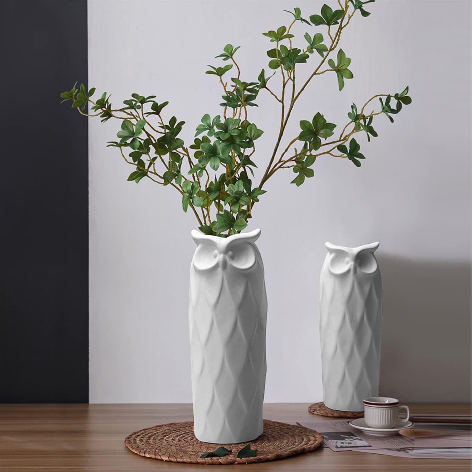 Owl Ceramic Vase Set of 2 Modern White Decor