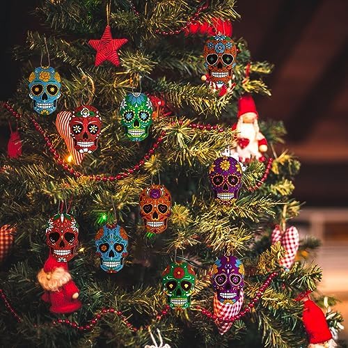 Hoteam 36 Pcs Day of the Dead Skull Wooden Hanging Ornaments