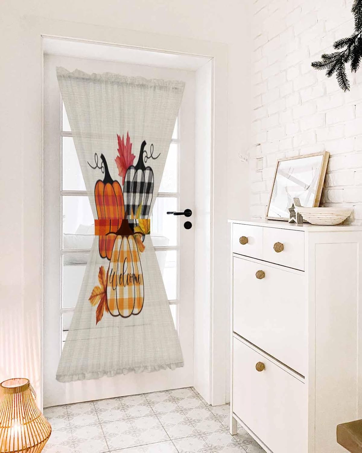 Orange Pumpkins French Door Curtain with Plaid Design