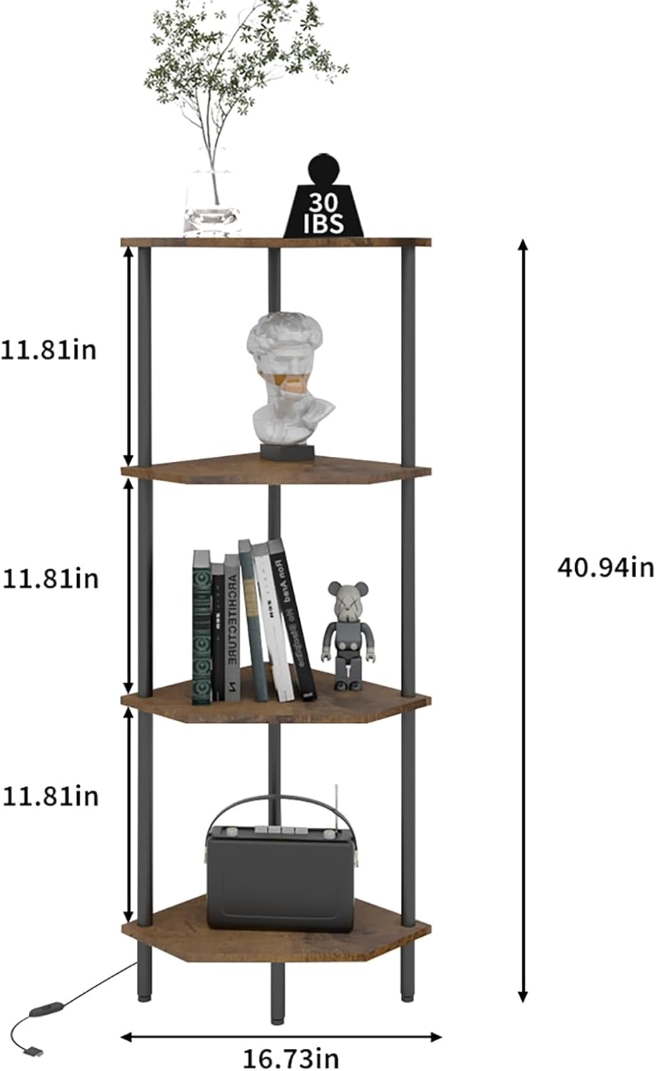 4 Tier Corner Shelf with LED Light and Storage