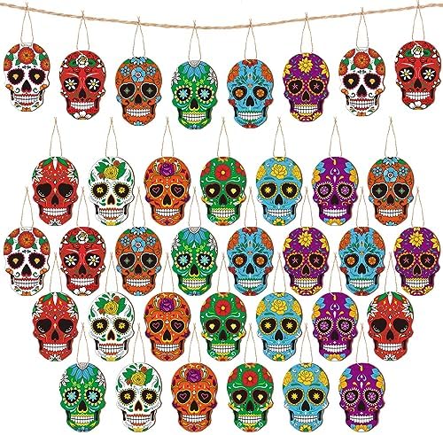 Hoteam 36 Pcs Day of the Dead Skull Wooden Hanging Ornaments