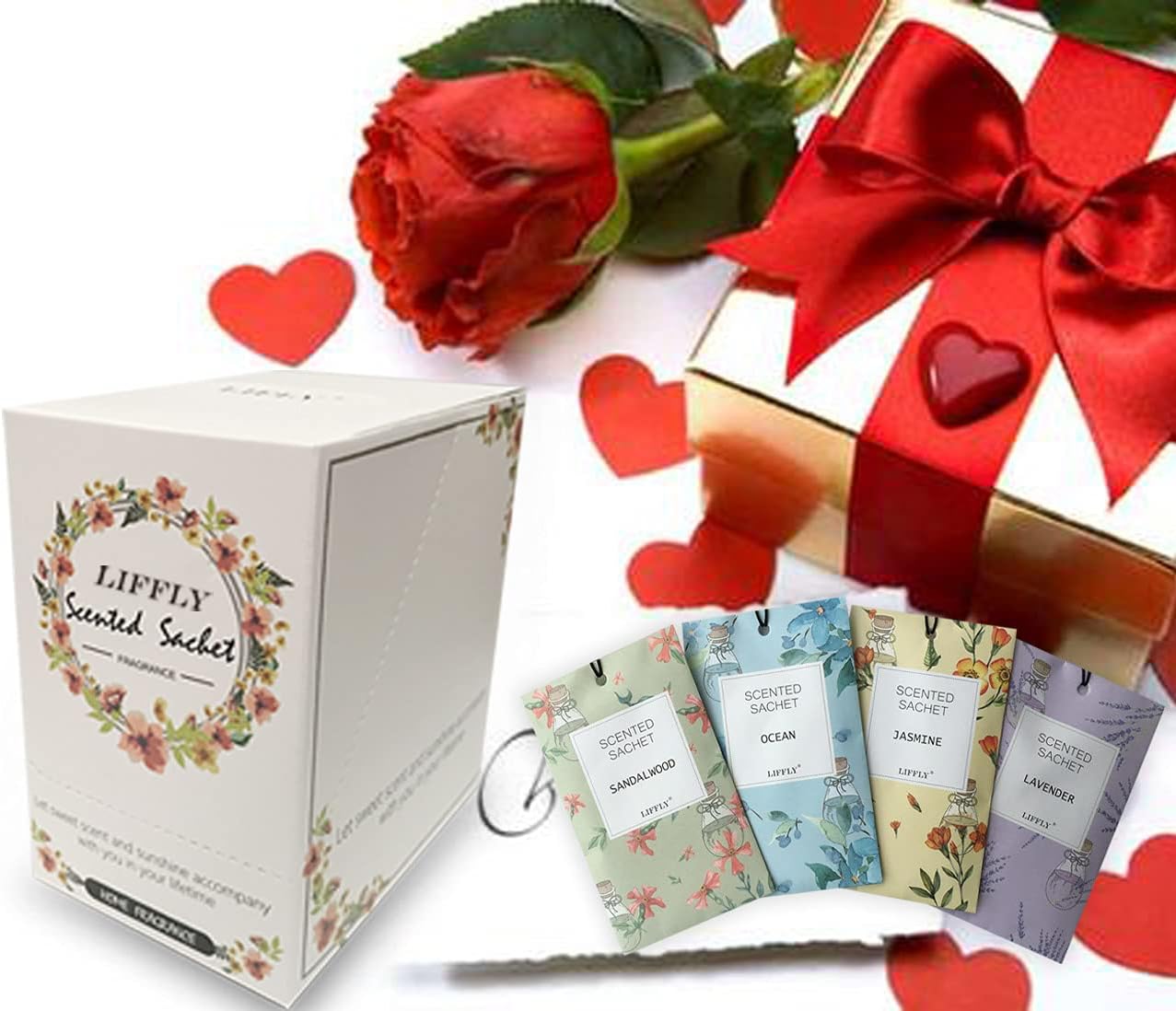 LIFFLY 14 Pack Scented Sachets Lavender Rose Jasmine Ocean Vanilla Sandalwood Gift Box