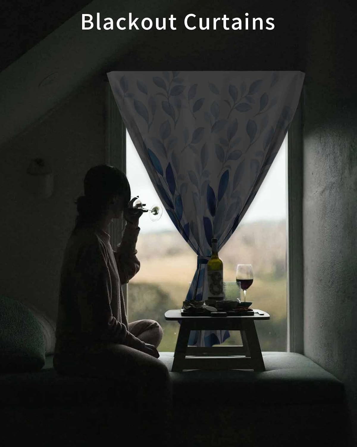 Blue Eucalyptus Leaves Self Adhesive Portable Curtains for Windows