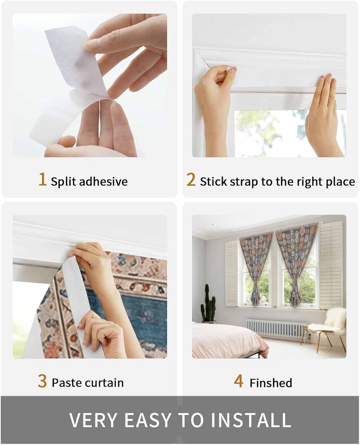 Blue Flower Print Self Adhesive Blackout Curtains for Windows