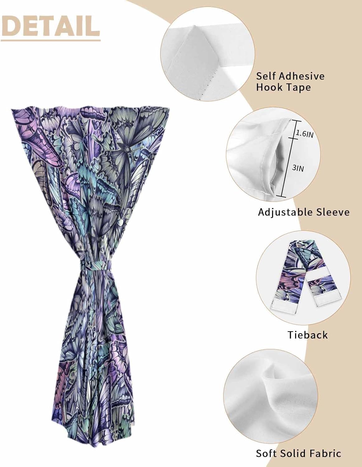Purple Blue Teal Butterfly Self Adhesive Curtains for Windows