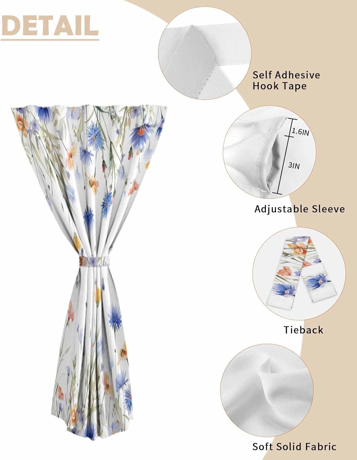 Spring Floral Self Adhesive Portable Curtains for Windows