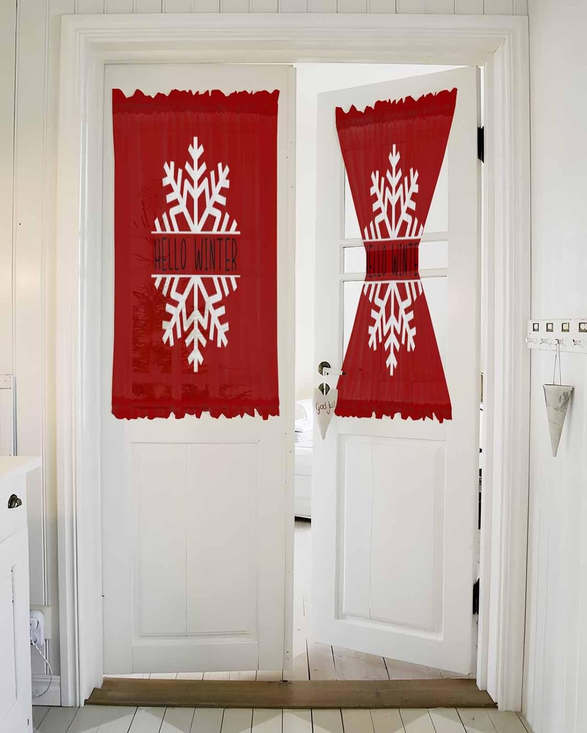 Hello Winter French Door Curtain 54x40 with Snowflake Red Christmas Design
