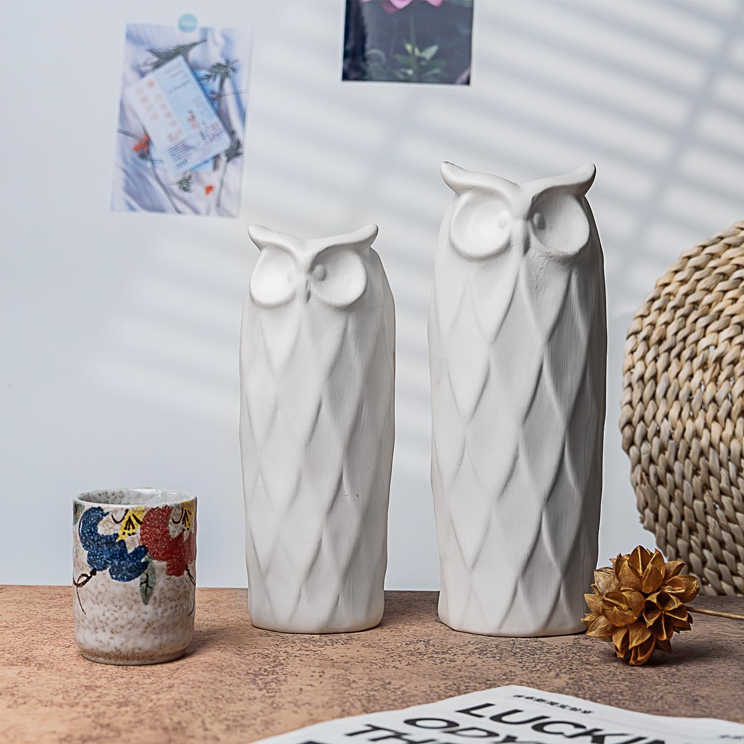 Owl Ceramic Vase Set of 2 Modern White Decor