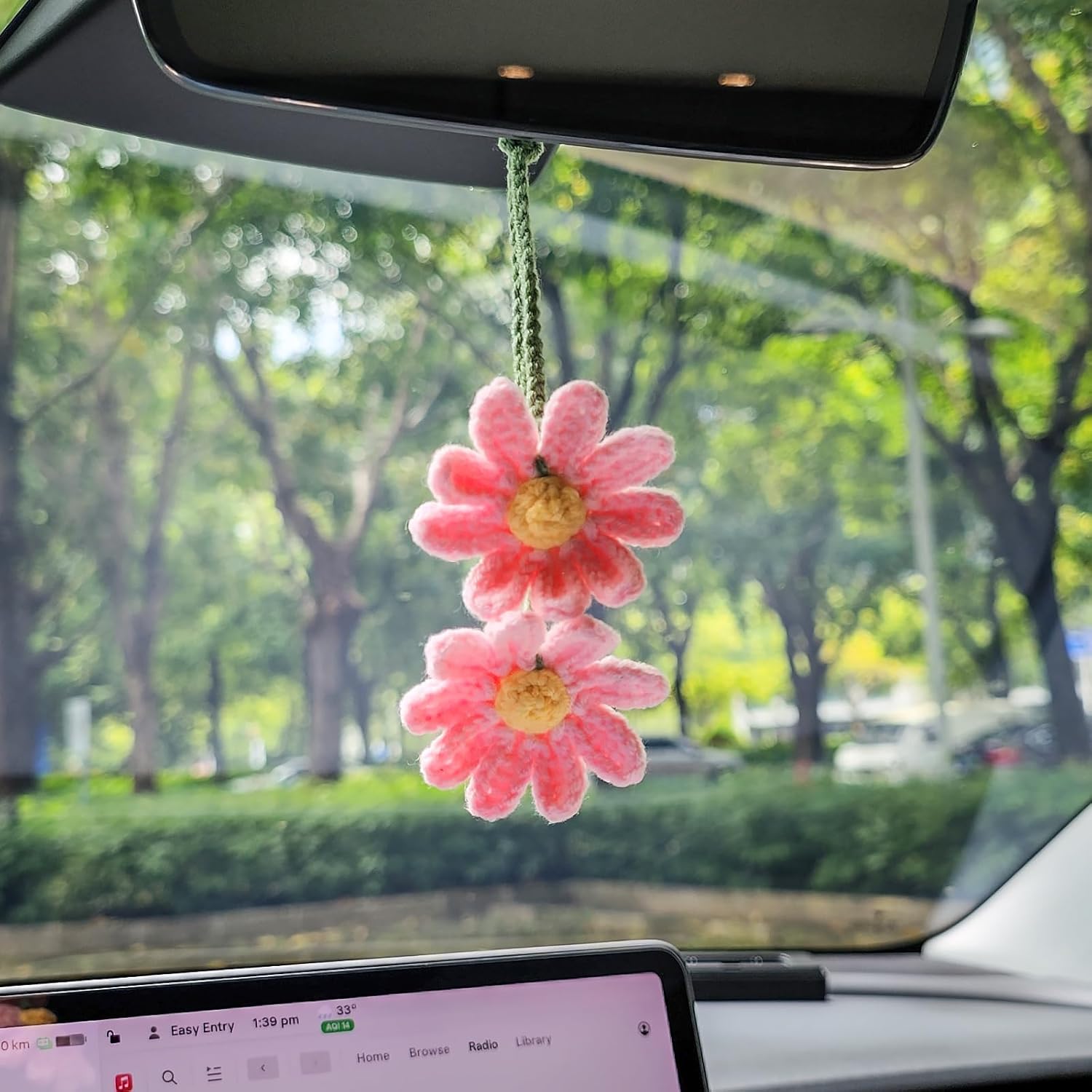 Cute Crochet Double Daisy Rear View Mirror Accessory