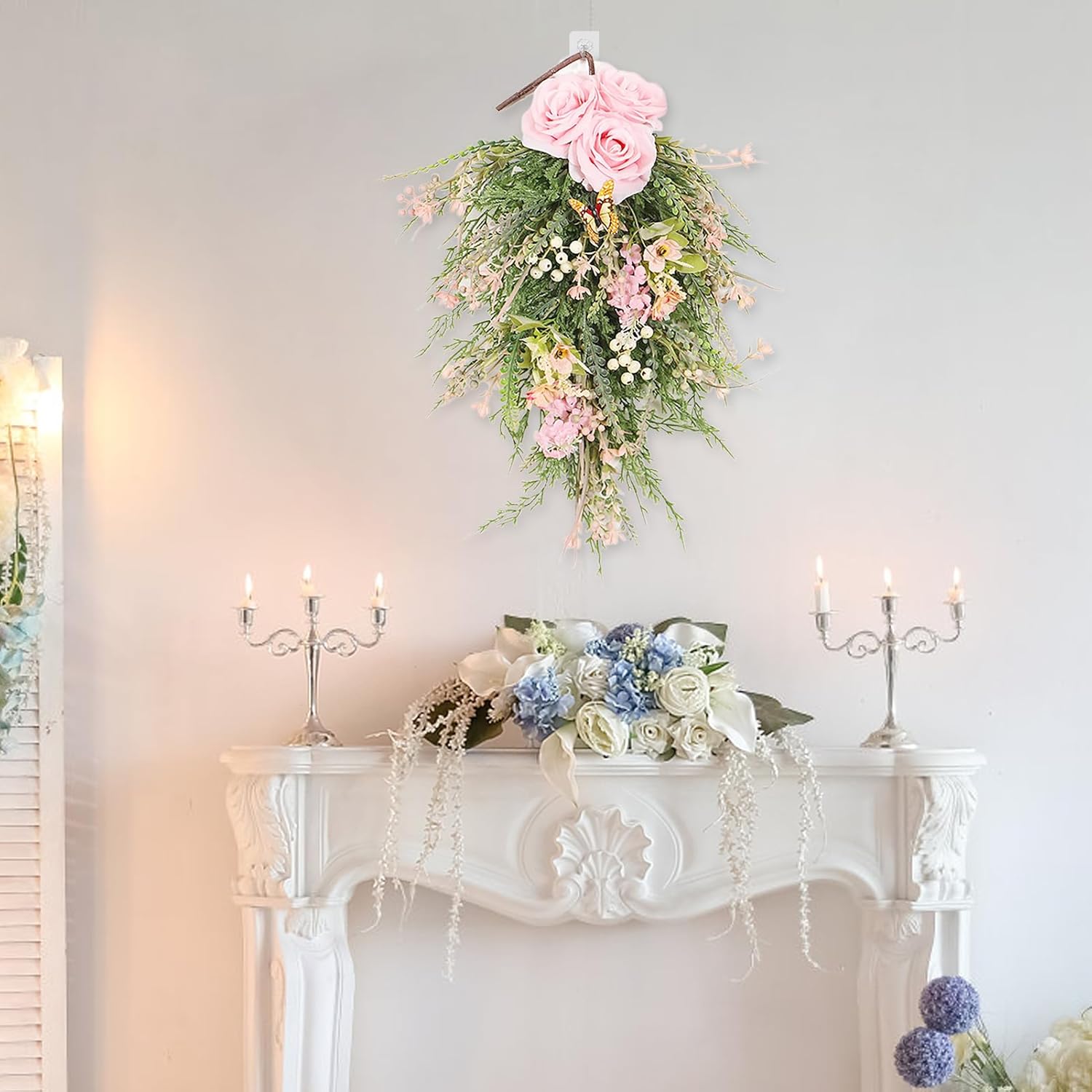 197 Inch Pink Artificial Rose Teardrop Swag Wreath with Butterflies