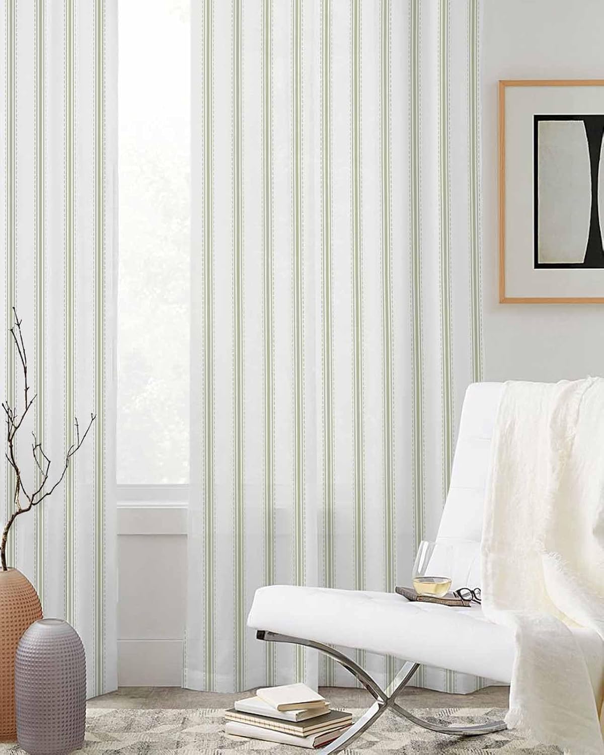 Sage Green Stripes Sheer Curtains 2 Panels Set 72 Inches Long