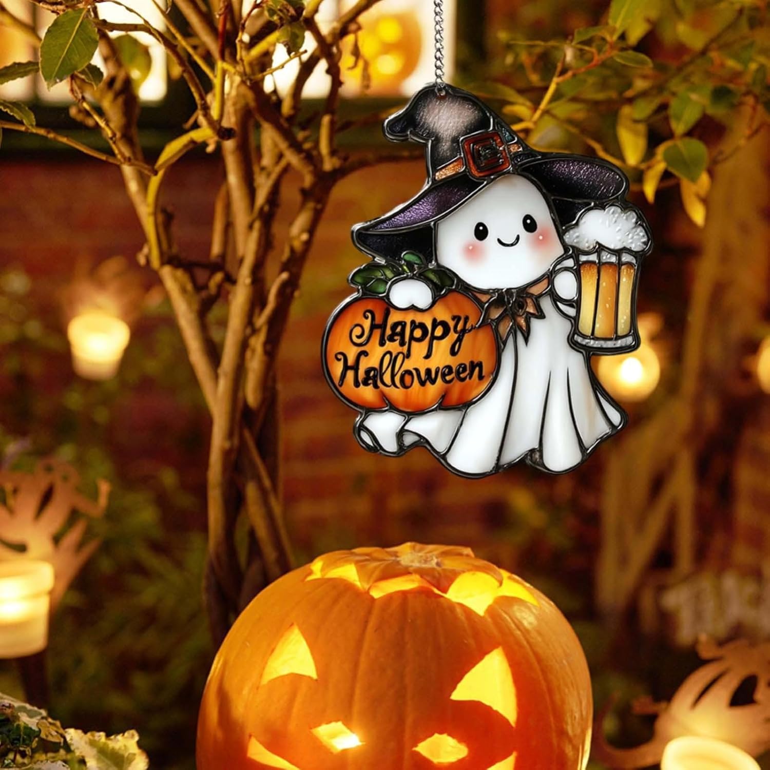 4PCS Halloween Ghost Hanging Ornament with Pumpkin and Beer Cup