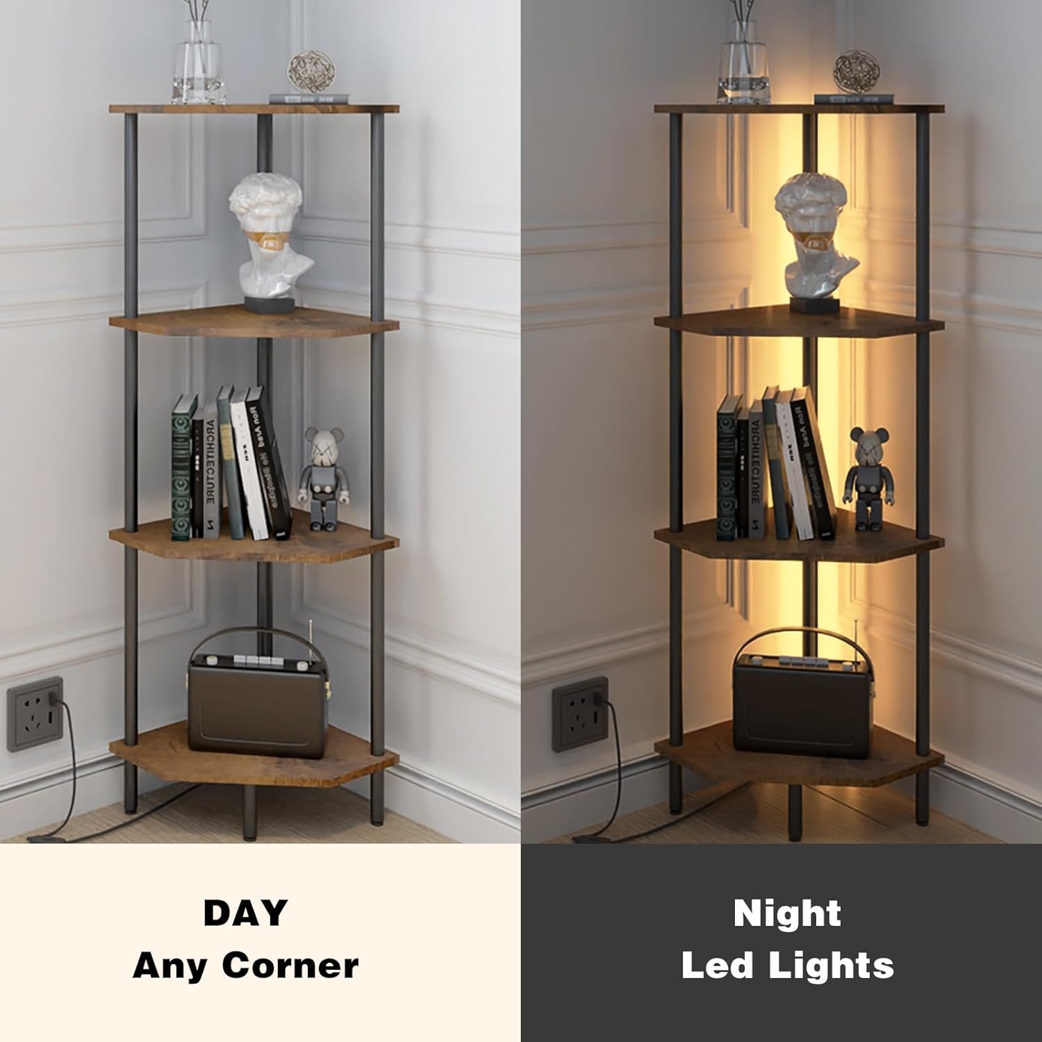 4 Tier Corner Shelf with LED Light and Storage
