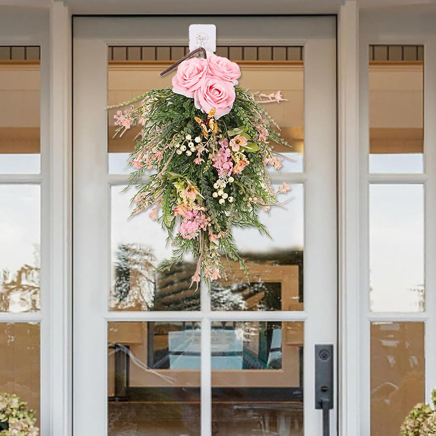 197 Inch Pink Artificial Rose Teardrop Swag Wreath with Butterflies