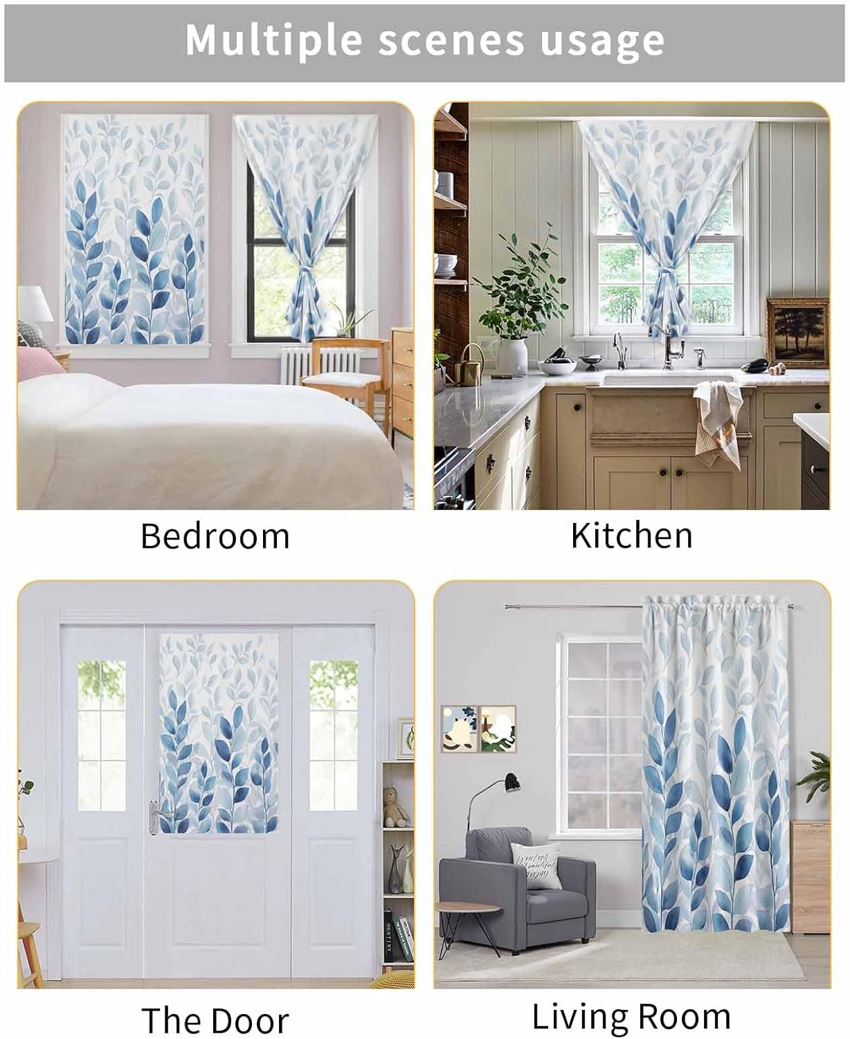 Blue Eucalyptus Leaves Self Adhesive Portable Curtains for Windows