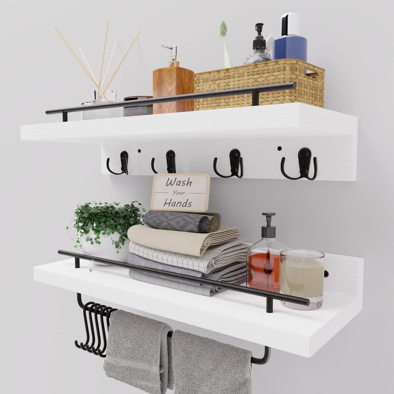 Ecowillon Pine Floating Shelves with Hooks Set of 2